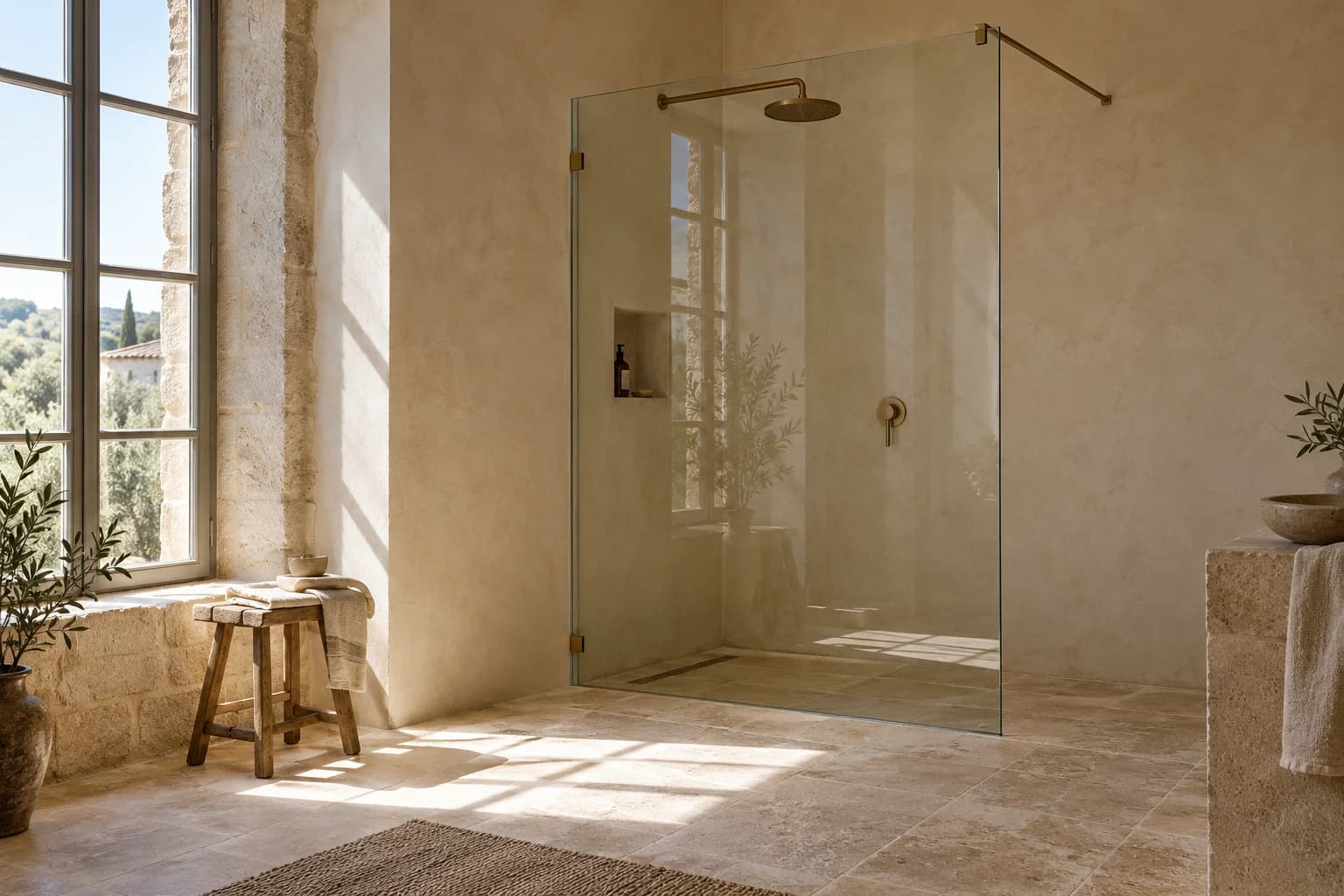 Inspiration : paroi de douche transparente dans une salle de bain en pierre