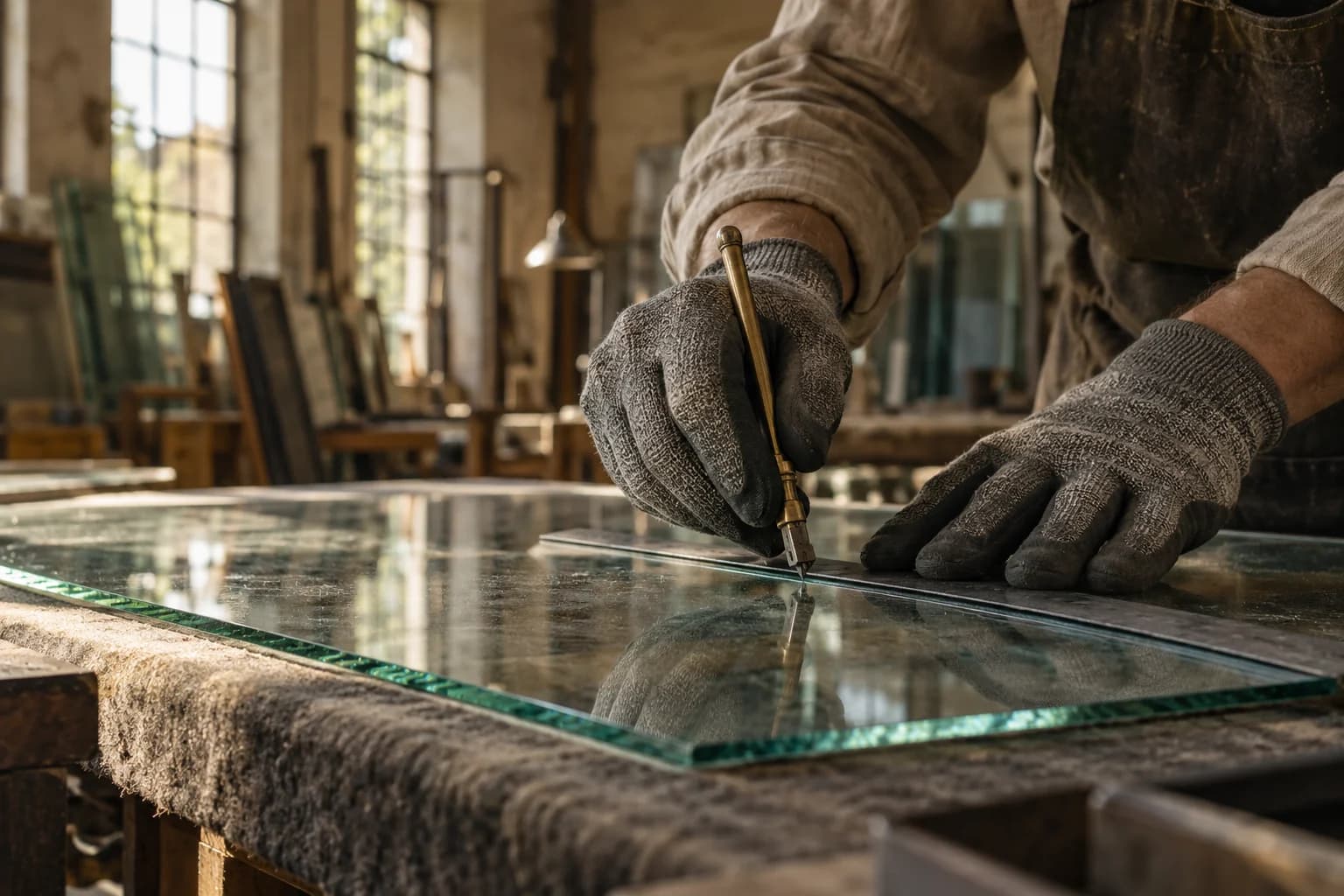 Illustration du travail de découpe du verre avec règle et gants de protection